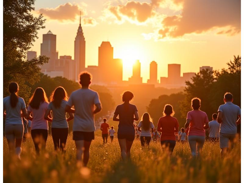 Austin skyline at golden hour with healthy, active people in foreground, symbolizing community connection.