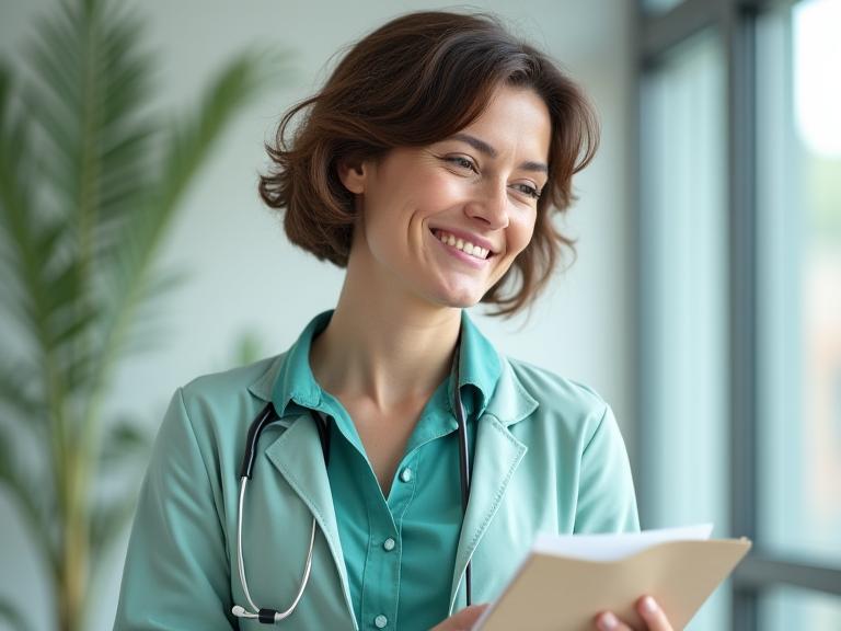 A warm, well-lit image of a female health expert, in her late 30s, with short, styled brown hair, smiling genuinely while actively listening to someone off-camera, holding a notebook. She is wearing a professional yet approachably styled lab coat over a teal blouse, hinting at professional guidance.