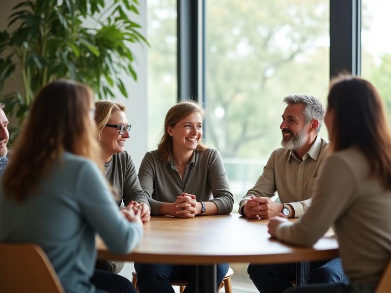 Group of diverse individuals, smiling and engaged in conversation, sitting around a circular table in a well-lit, modern community space. The atmosphere is open, inclusive, and supportive, emphasizing collaboration and safety.