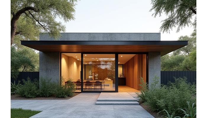 Exterior view of Veritasis Bloom's Austin office building, welcoming and modern with lush greenery.