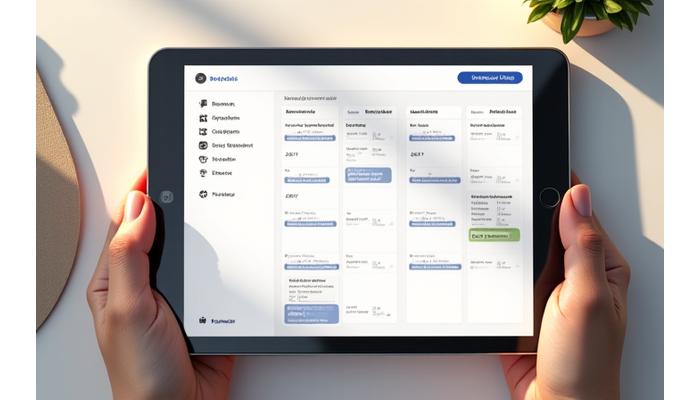 A clean, modern online scheduling interface on a tablet, showing available time slots.