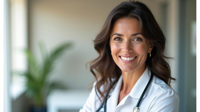 A confident, professional female doctor or wellness expert smiling, poised to help. Illustrates trust and expertise.
