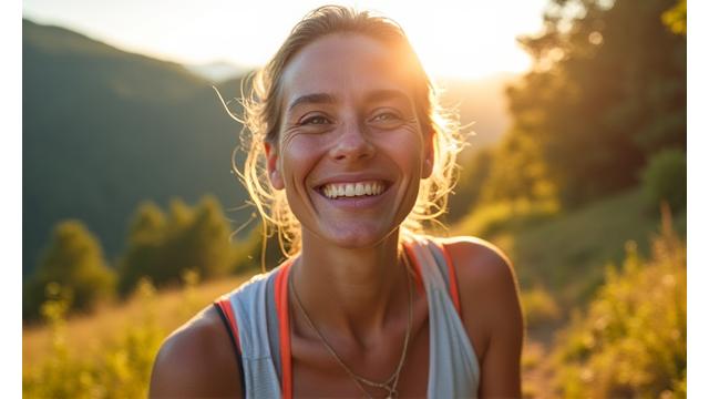 A dynamic image of a person in their 30s-40s with a bright, energetic expression, engaging in a joyful outdoor activity like hiking or cycling, conveying vitality and sustained energy.