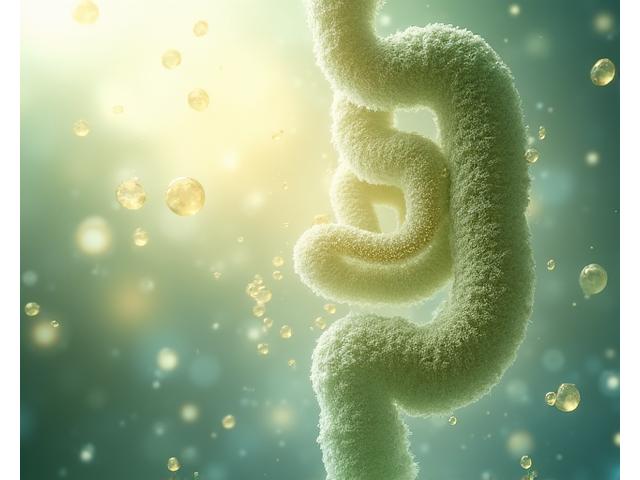 Stylized illustration of the human gut with beneficial bacteria depicted as glowing, active elements, conveying health and vitality.