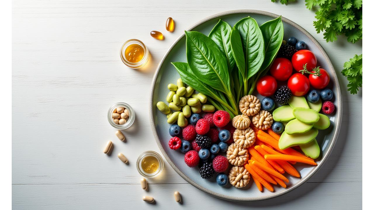 A balanced plate with vibrant, whole foods alongside a few artfully arranged nutritional supplements, conveying health, precision, and natural vitality.
