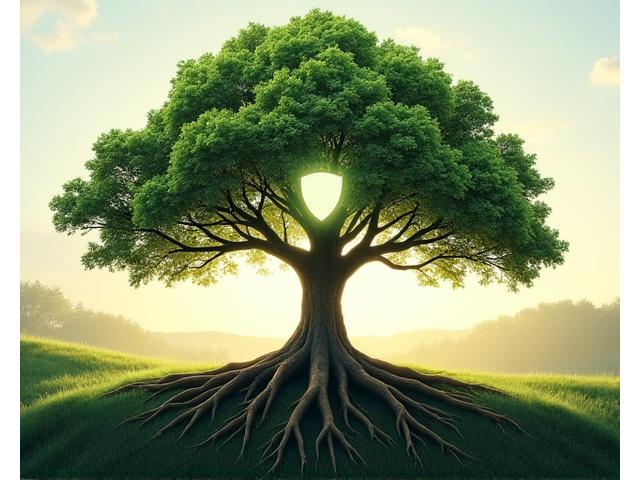 A strong, flourishing tree with deep roots, surrounded by a shield icon, representing robust natural immunity.