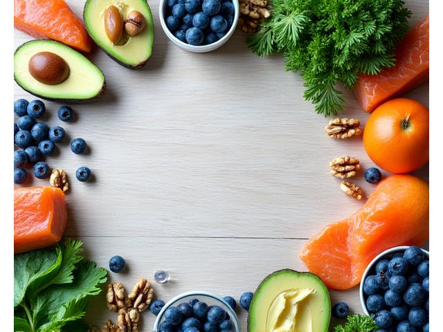 Vibrant, diverse superfoods arranged ergonomically around a brain and heart icon, symbolizing longevity and mental acuity.