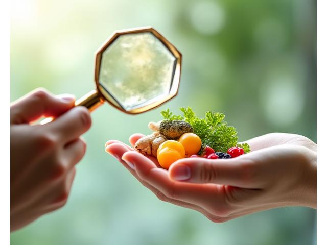 Two hands holding a stylized magnifying glass over nutrient-rich foods, symbolizing deep analysis and personalized insight in functional nutrition.