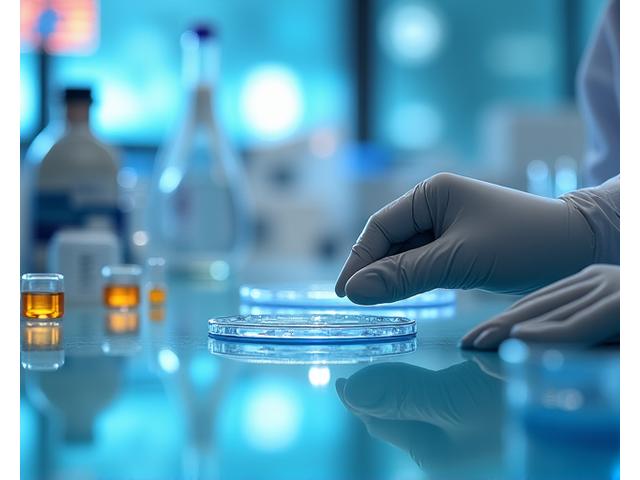 A lab technician's hands carefully handling a series of petri dishes and test tubes, with blurred data visualization in the background, symbolizing precision diagnostics.