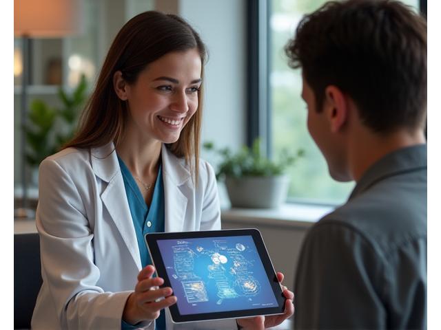A genetic counselor explaining DNA results on a tablet to a patient in a modern, calm office setting