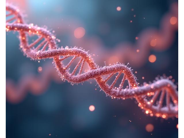 Abstract visualization of a DNA helix intertwining with glowing molecules