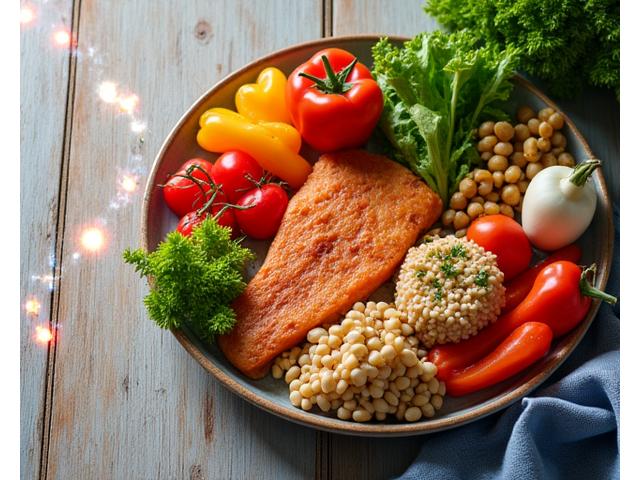 A balanced, vibrant meal with fresh ingredients and a subtle DNA helix overlay