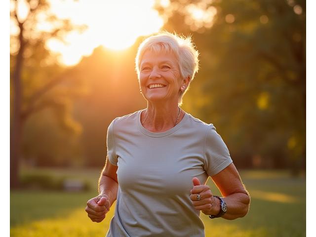 Vibrant senior woman smiling and exercising outdoors.