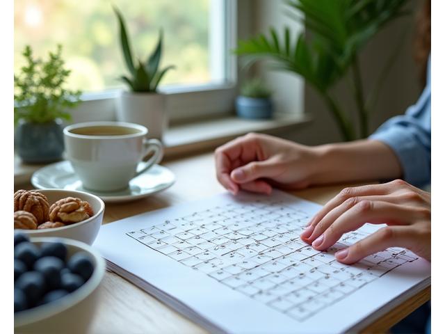 Person engaged in a puzzle, with a healthy meal and a brain diagram nearby.