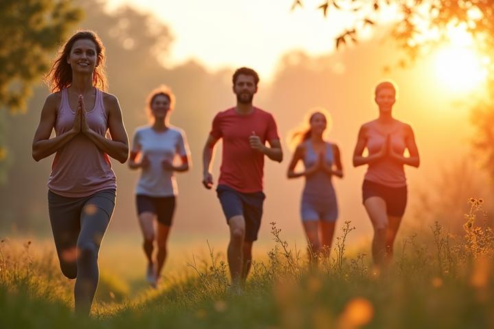 Diverse group of energetic, successful Austin professionals engaging in various wellness activities like yoga, jogging, and mindful meditation, with a backdrop of the Austin skyline at golden hour.