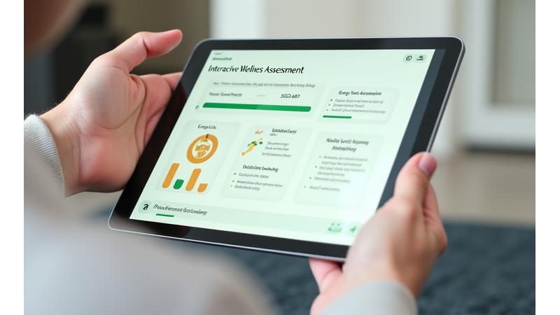 A user interface of an interactive wellness assessment with progress bars and health metrics visualization.