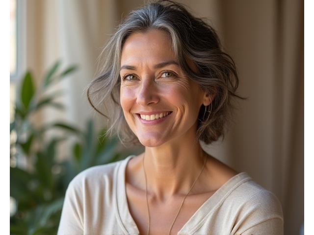 Portrait of Serena Patel, a certified mindfulness and resilience coach with a calm, serene demeanor.