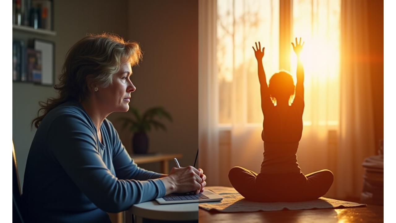 Before and after timeline visualization of a person's lifestyle transformation, showing a journey from stress and burnout to vitality and well-being through sustainable habits.