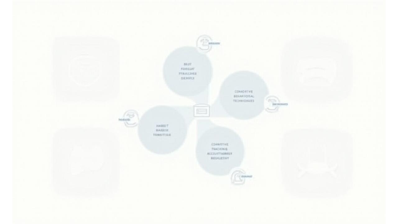 Infographic diagram representing Veritasis Bloom's proven behavior change methodology, with interconnected circles for habit stacking, environmental design, cognitive behavioral techniques, and accountability systems.