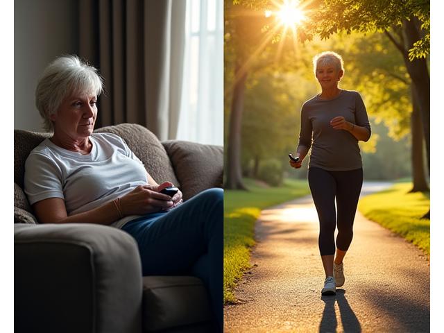 Side-by-side comparison of a 'before' image showing a person apathetic on a couch with screens, and an 'after' image of the same person vibrant and active, walking outdoors.