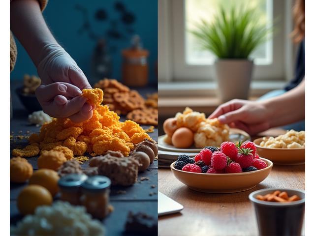 Side-by-side comparison illustrating a before state of stress-eating with cluttered, unhealthy snacks, and an after state of mindful nutrition with fresh, organized, healthy foods.