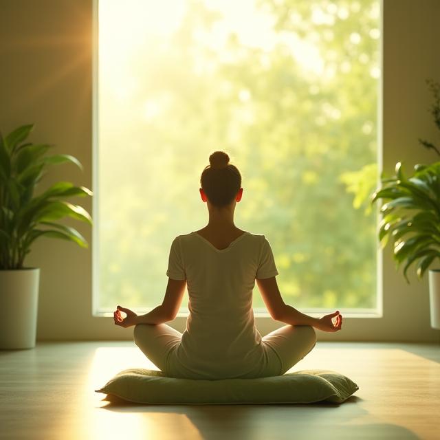 Person meditating in a calm, natural setting, symbolizing stress reduction and mental clarity