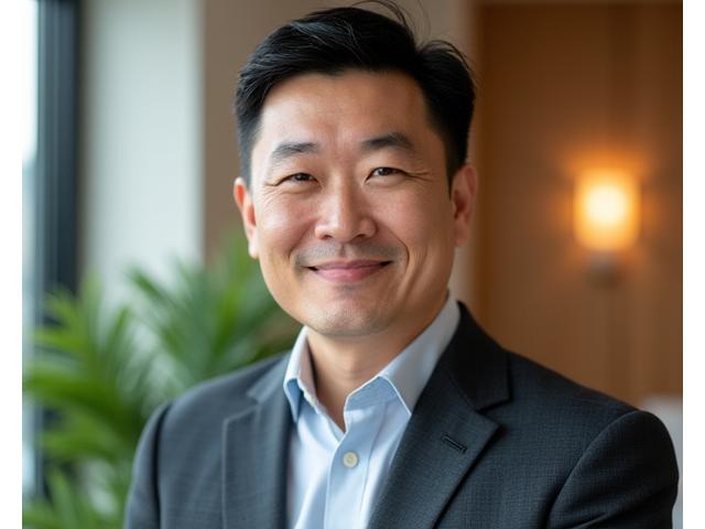 Portrait of David Chen, a certified mindfulness instructor with a thoughtful and approachable demeanor