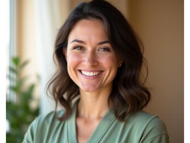 Portrait of Emily Rodriguez, a certified mindfulness instructor with a compassionate and energetic smile
