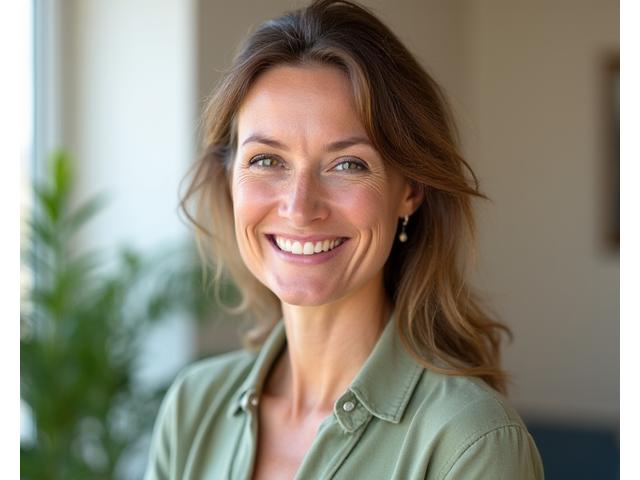 Portrait of Sarah Jensen, a certified mindfulness instructor with a calm and welcoming expression