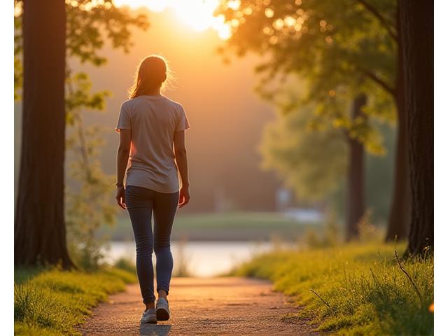 Person walking mindfully in a park with blurred natural background