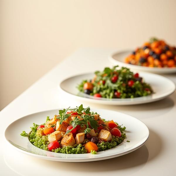 Three distinct plates of food, each subtly tailored: one with a quick, energy-rich professional lunch, one with balanced healthy fats and protein for middle age, and one with colorful, anti-inflammatory foods for seniors, representing age-specific nutrition needs.