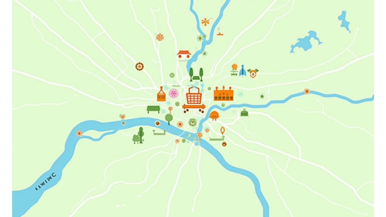 A stylized, clean map of Austin highlighting farmers markets, health-conscious restaurants, and natural grocery stores with small, appealing icons. The map focuses on key areas relevant to local food sourcing.