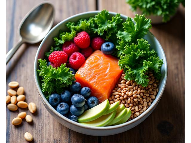 A vibrant, artfully arranged bowl of functional foods, including colorful berries, nuts, seeds, leafy greens, and a piece of wild salmon, representing a balanced and nutrient-dense meal.