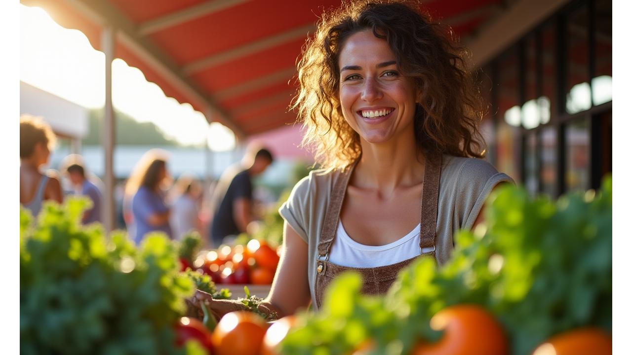 A woman in her late 30s thoughtfully selecting fresh, vibrant produce like leafy greens and colorful bell peppers at an upscale local Austin farmers market, conveying health, quality, and mindful eating.