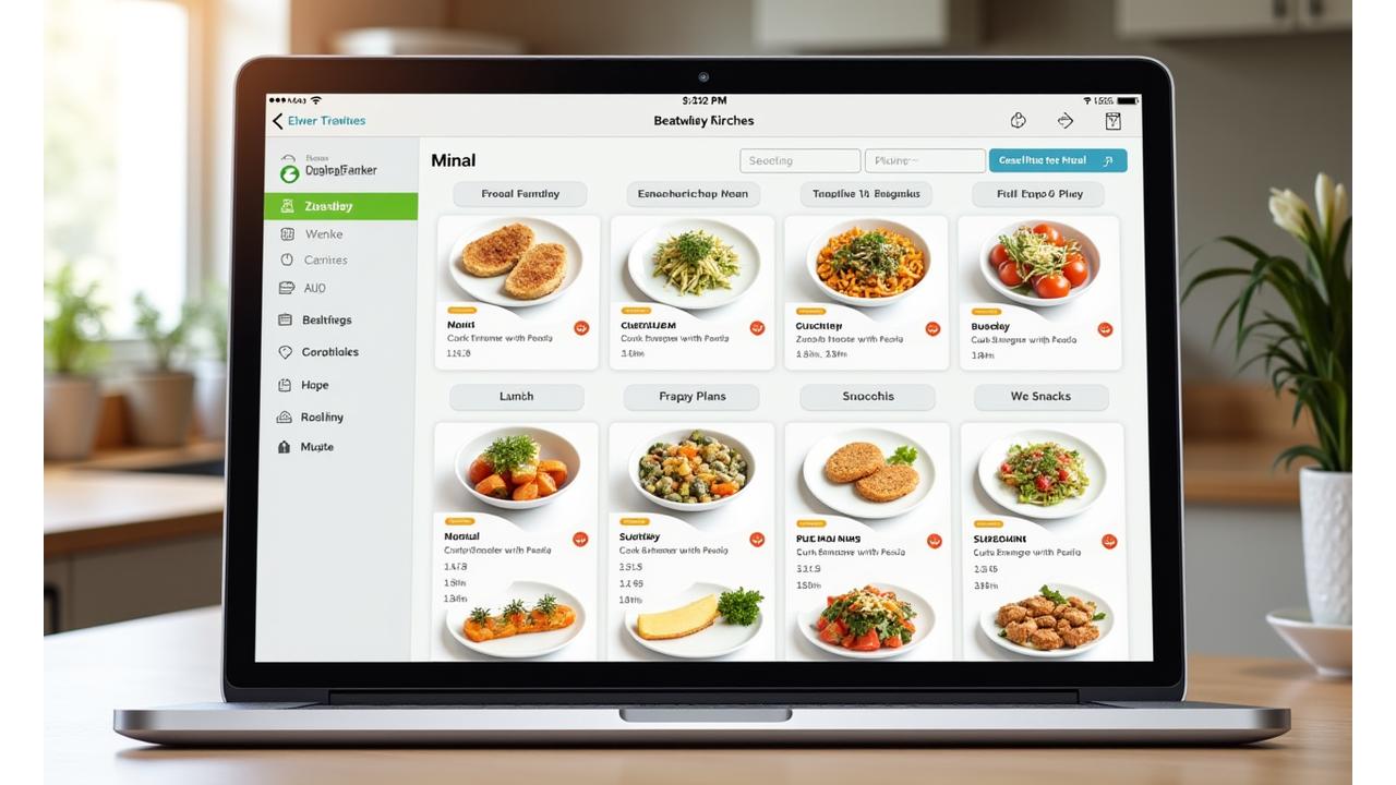 A digital interface displaying a sample weekly meal plan with neatly organized sections for breakfast, lunch, dinner, and snacks, featuring delicious and healthy food images alongside simple preparation notes.