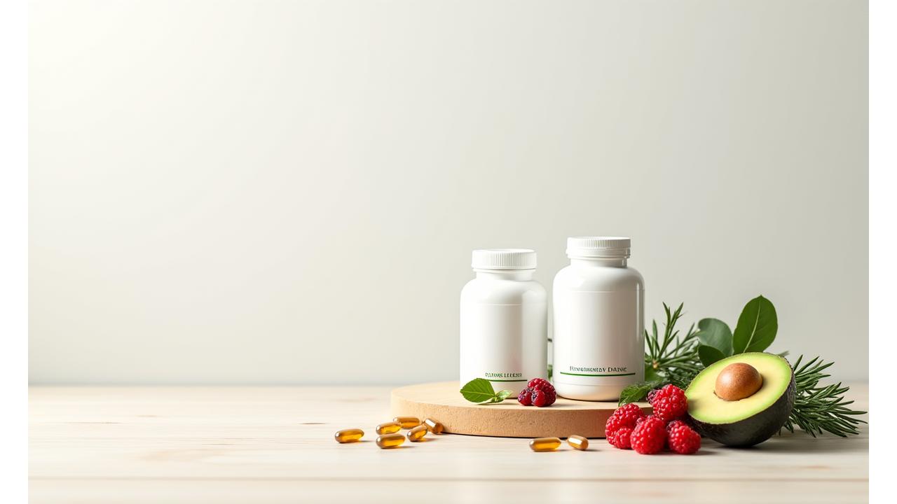 A clean, minimalist display of high-quality, tastefully branded supplement bottles and capsules on a wooden surface next to fresh fruits and vegetables, emphasizing integration with whole foods.