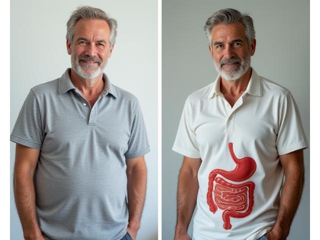 Before and after photos of Mark T., illustrating improved digestive health and overall vitality thanks to his customized Veritasis Bloom nutrition plan.