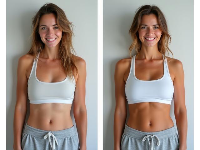 Before and after photos of Sarah P., showing a noticeable increase in energy and a healthier appearance after following her Veritasis Bloom nutrition plan.