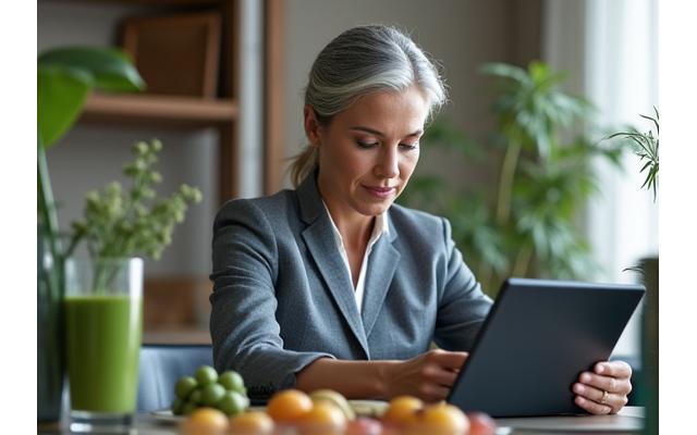 A busy executive managing wellness on the go, with a laptop and smart devices, healthy food nearby