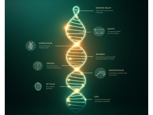 Scientific infographic showing a DNA helix integrating with icons representing nutrition, exercise, and metabolism