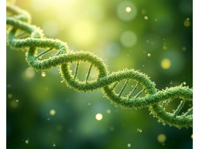 Abstract depiction of personalized wellness based on DNA, with glowing strands intertwining with natural elements like leaves and water ripples