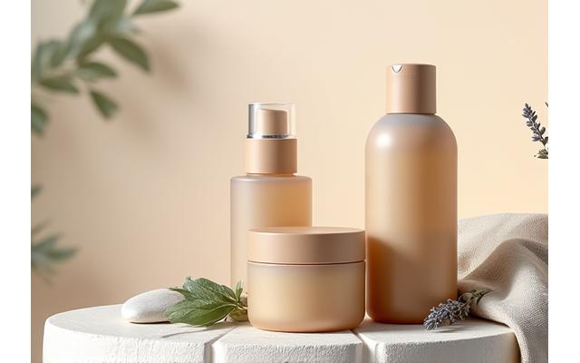 Close-up of premium, organic skincare products in earth-toned bottles, surrounded by natural elements like green leaves and smooth stones, suggesting gentle care and natural beauty.