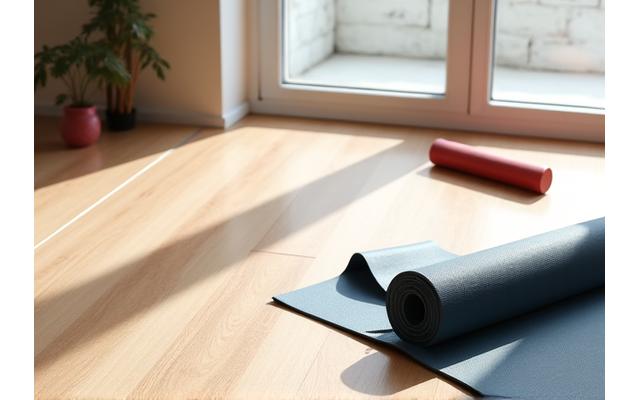 A minimalist home fitness setup with resistance bands, a yoga mat, and light weights on a polished wooden floor, implying accessible and effective physical activity.