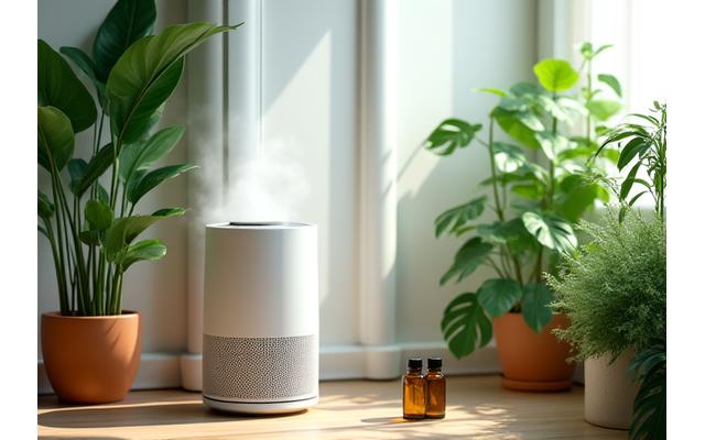 A serene indoor space featuring an air purifier, diffused essential oils, and lush houseplants, creating an atmosphere of clean, harmonious living.