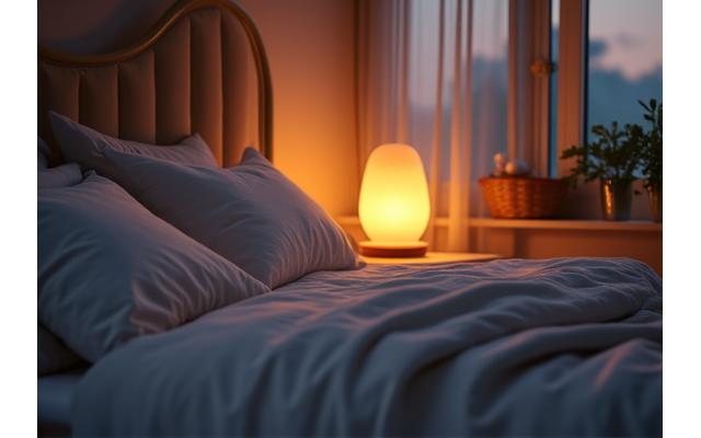 A tranquil bedroom scene at dusk with soft lighting, a comfortable bed, and subtle sleep aids like a diffused essential oil bottle and a weighted blanket, inviting restful sleep.