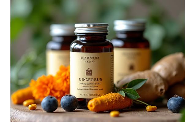 Assortment of elegant supplement bottles with minimalist labels, alongside fresh ingredients like ginger and berries, conveying natural health and vitality.