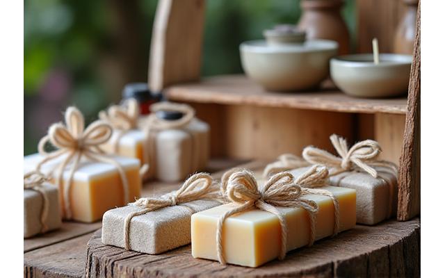 Handcrafted local artisan soaps and essential oils on a rustic market stall, featuring natural textures and warm, inviting tones, highlighting local craftsmanship.