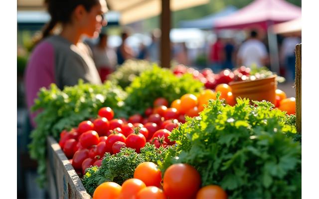 A vibrant farmer's market scene with fresh, organic produce, happy vendors, and engaged shoppers, capturing the community spirit and abundance of local foods.
