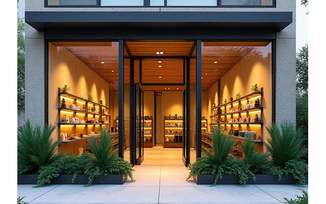 The inviting exterior of a modern, well-lit local wellness boutique in Austin, with green plants and natural wood accents prominently displayed, suggesting health and accessibility.