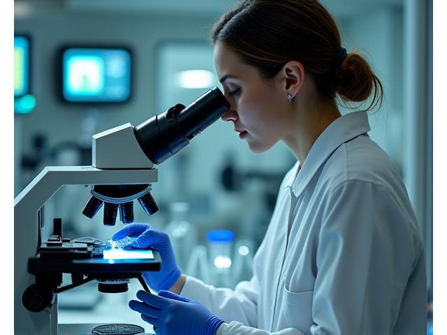 A stylish, well-lit laboratory setting with a scientist examining a product sample under a microscope, symbolizing scientific rigor and detailed analysis. Beakers, test tubes, and data charts are subtly visible. The mood is one of precision and trust.